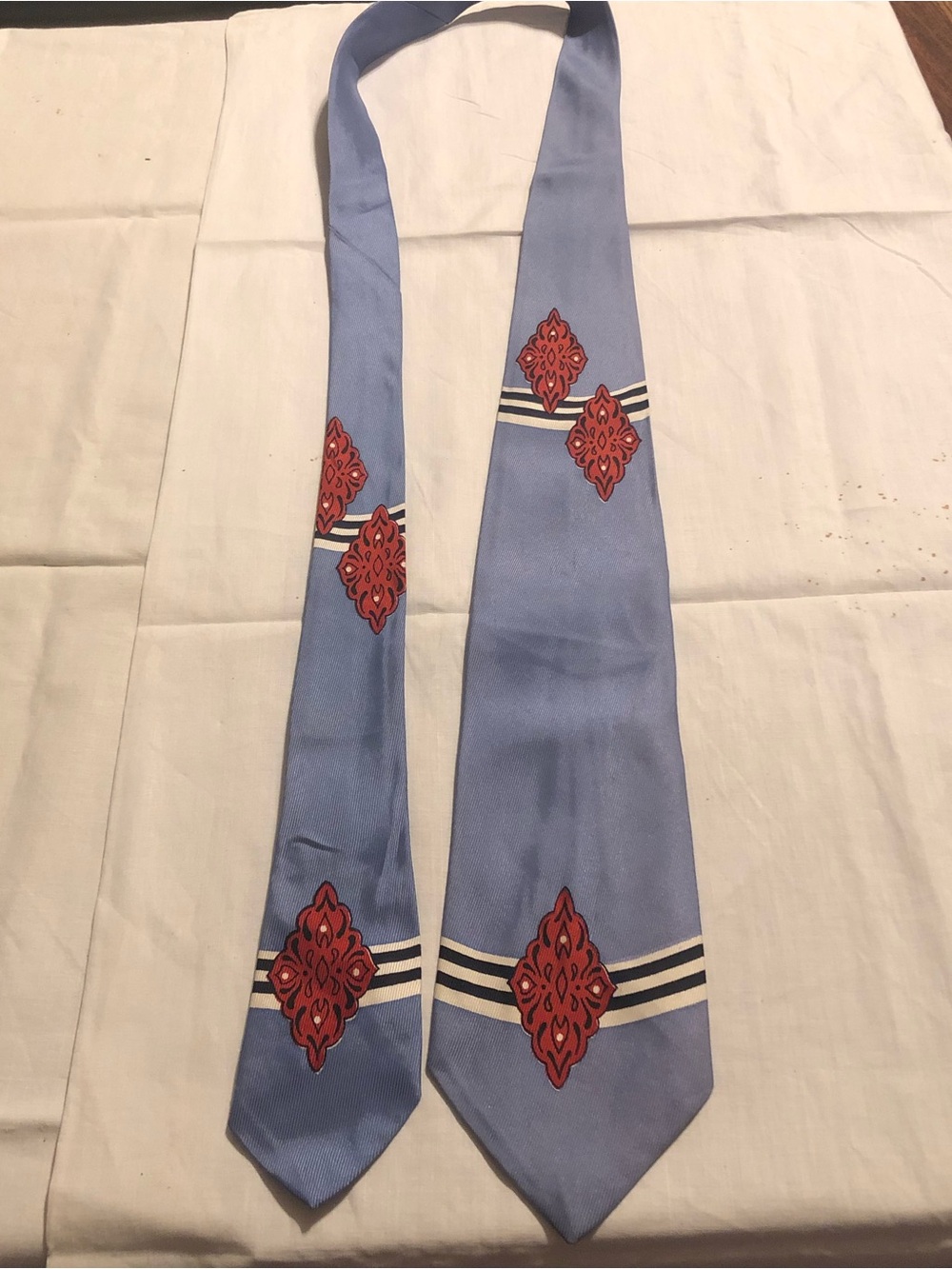 jcpenney Light Blue Tie with Red Medallion and Black-White Stripe